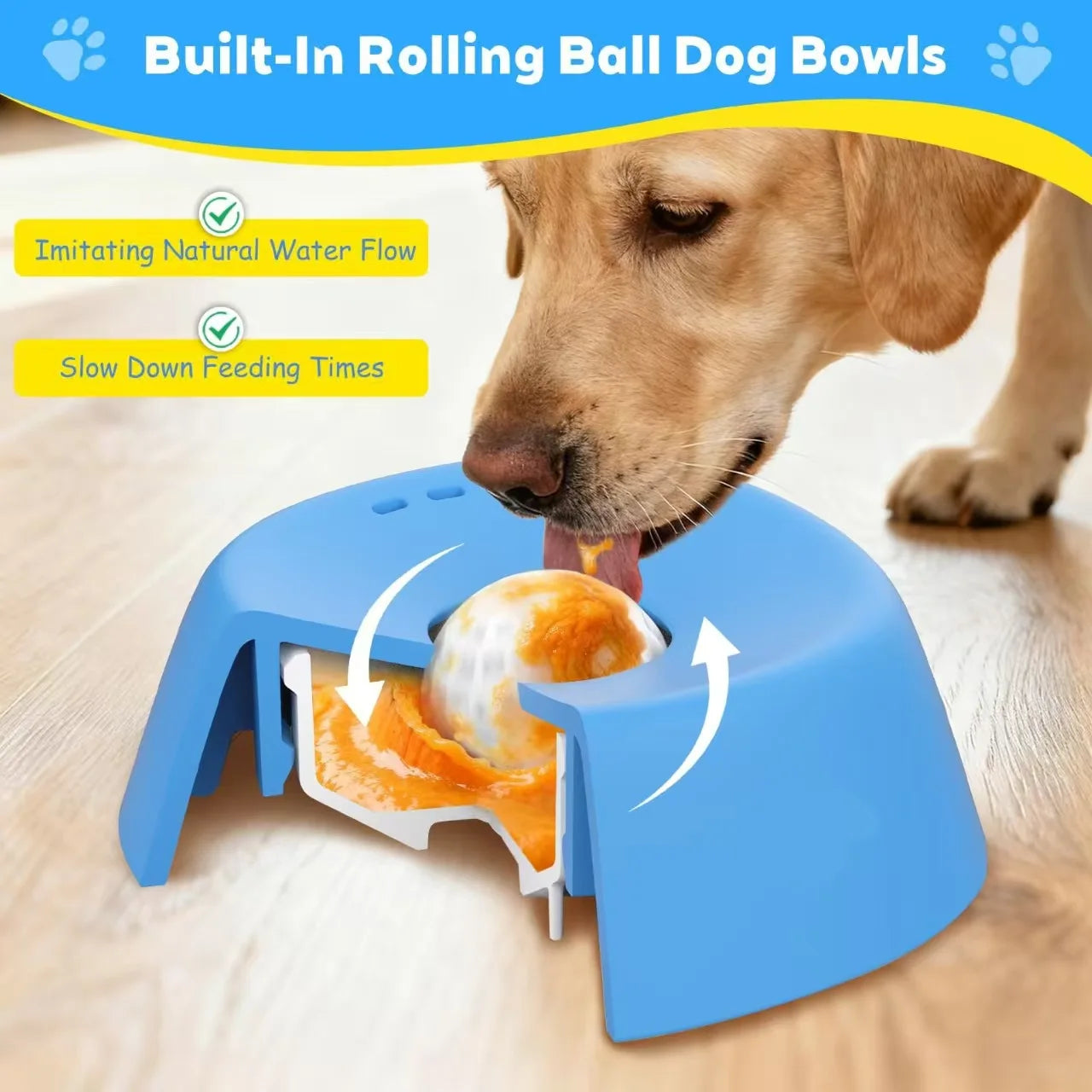 Slow Feeder Dog Bowls for Liquid Treat, 【Enrichment Ball-Roll】 Bone Broth Dog Lick Bowl, 3/4 Cup Yogurt Pup Lick Toy