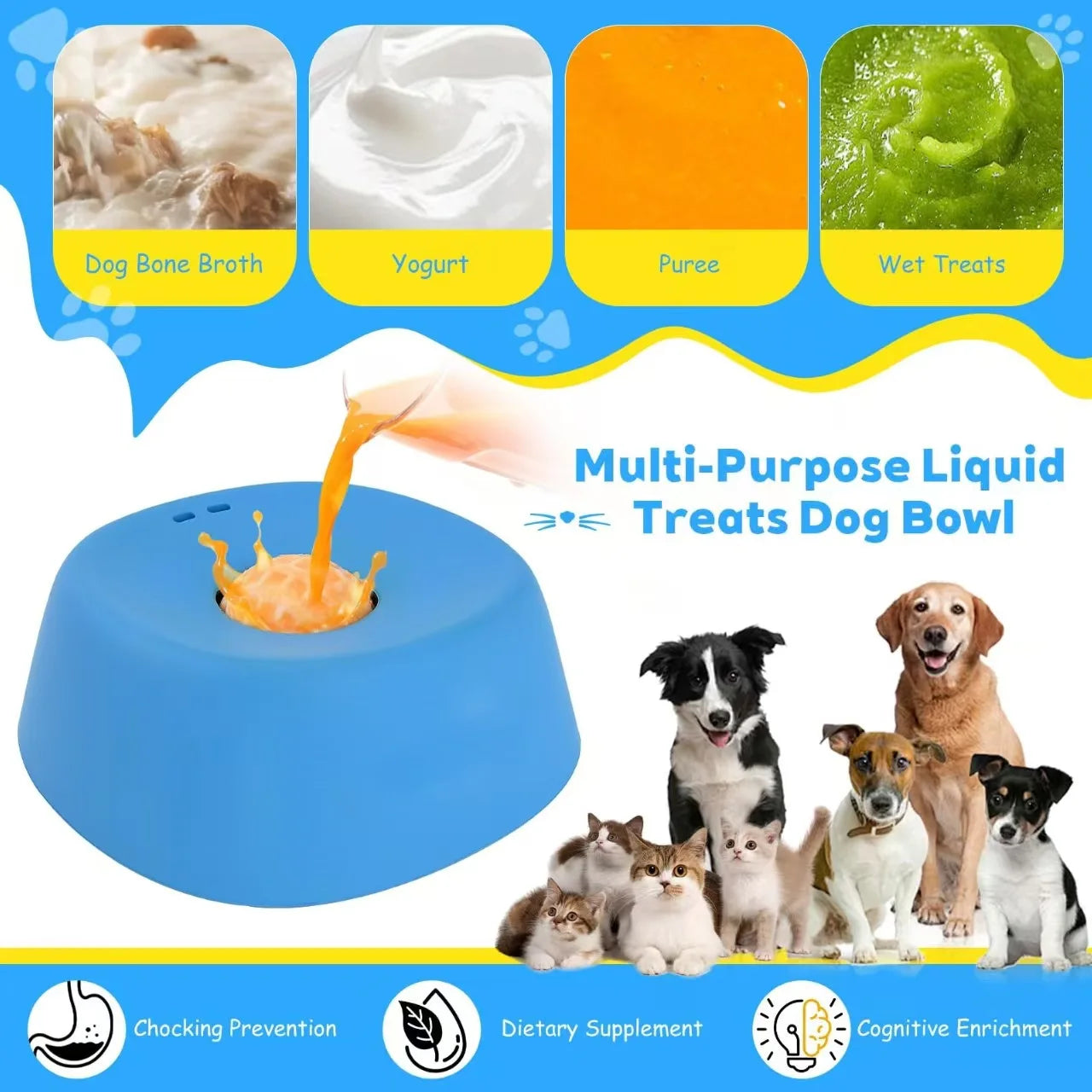 Slow Feeder Dog Bowls for Liquid Treat, 【Enrichment Ball-Roll】 Bone Broth Dog Lick Bowl, 3/4 Cup Yogurt Pup Lick Toy